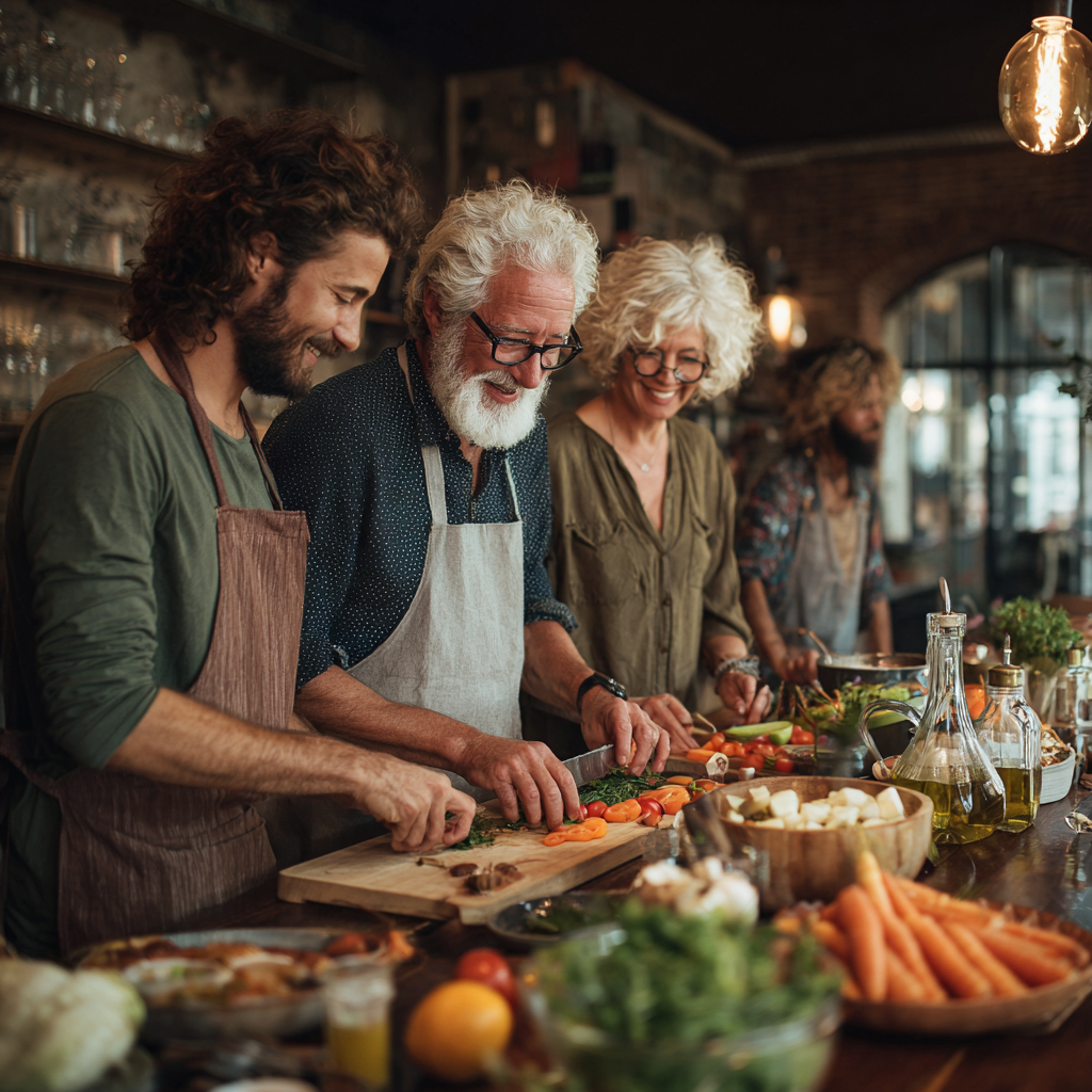 Group of diverse people enjoying healthy meal preparation together in modern kitchen