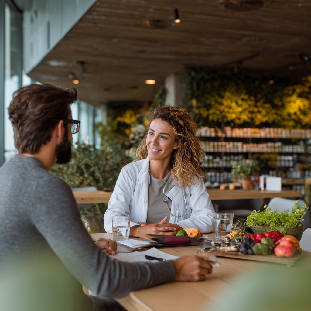 Professional nutritionist consulting with client in modern wellness center